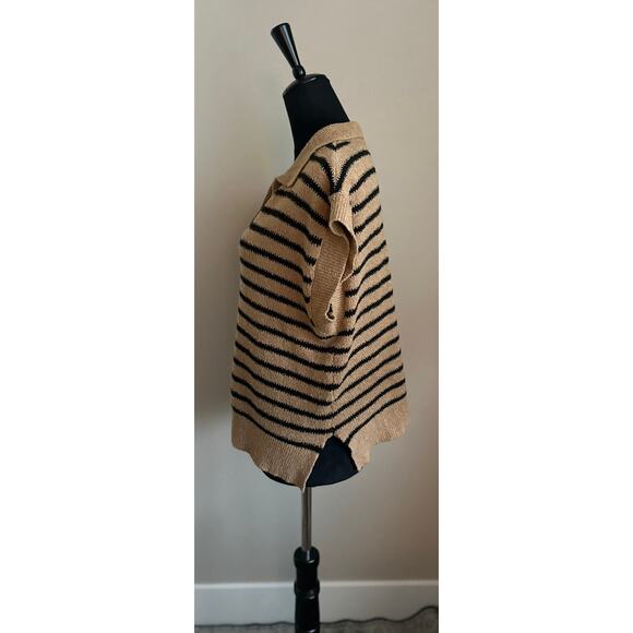 PROMESA Women's Cut Tan Black Striped Collared V Neck Knit Sweater Size M - Picture 5 of 8